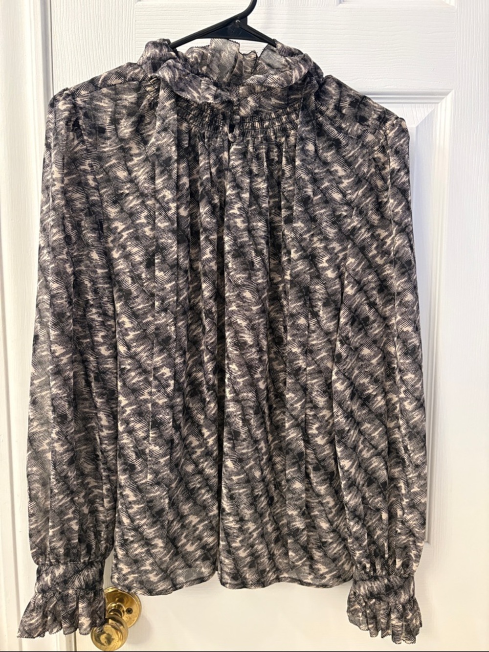 Banana Republic Black and White Chiffon Smocked-Neck Ruffle Blouse. size M